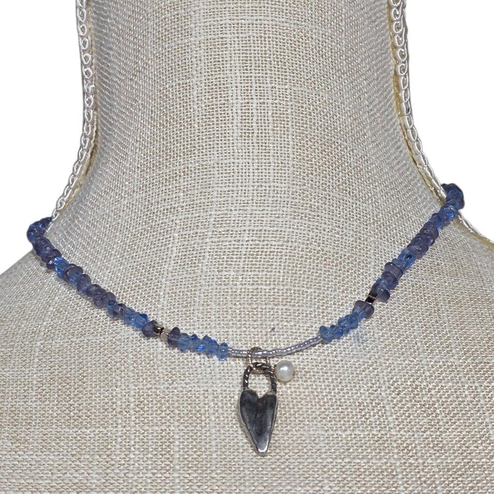 Beaded Necklace Heart Pearl‎ Pendant Blue Stone Chip Boho Jewelry